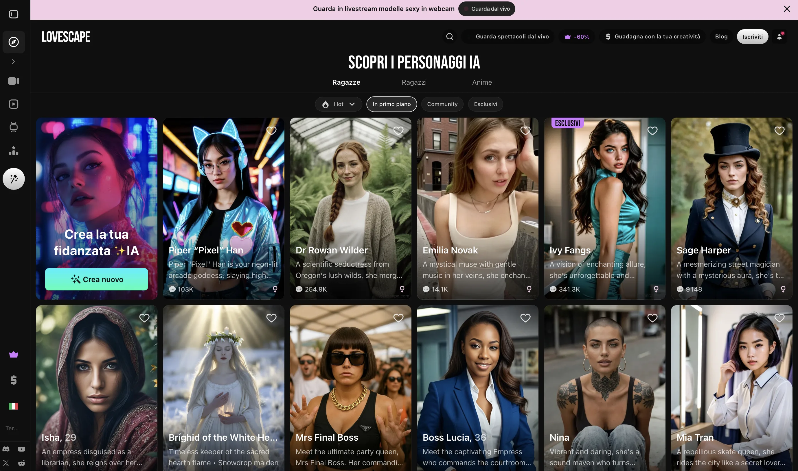 La galleria dei personaggi AI di Lovescape, con interfaccia in italiano