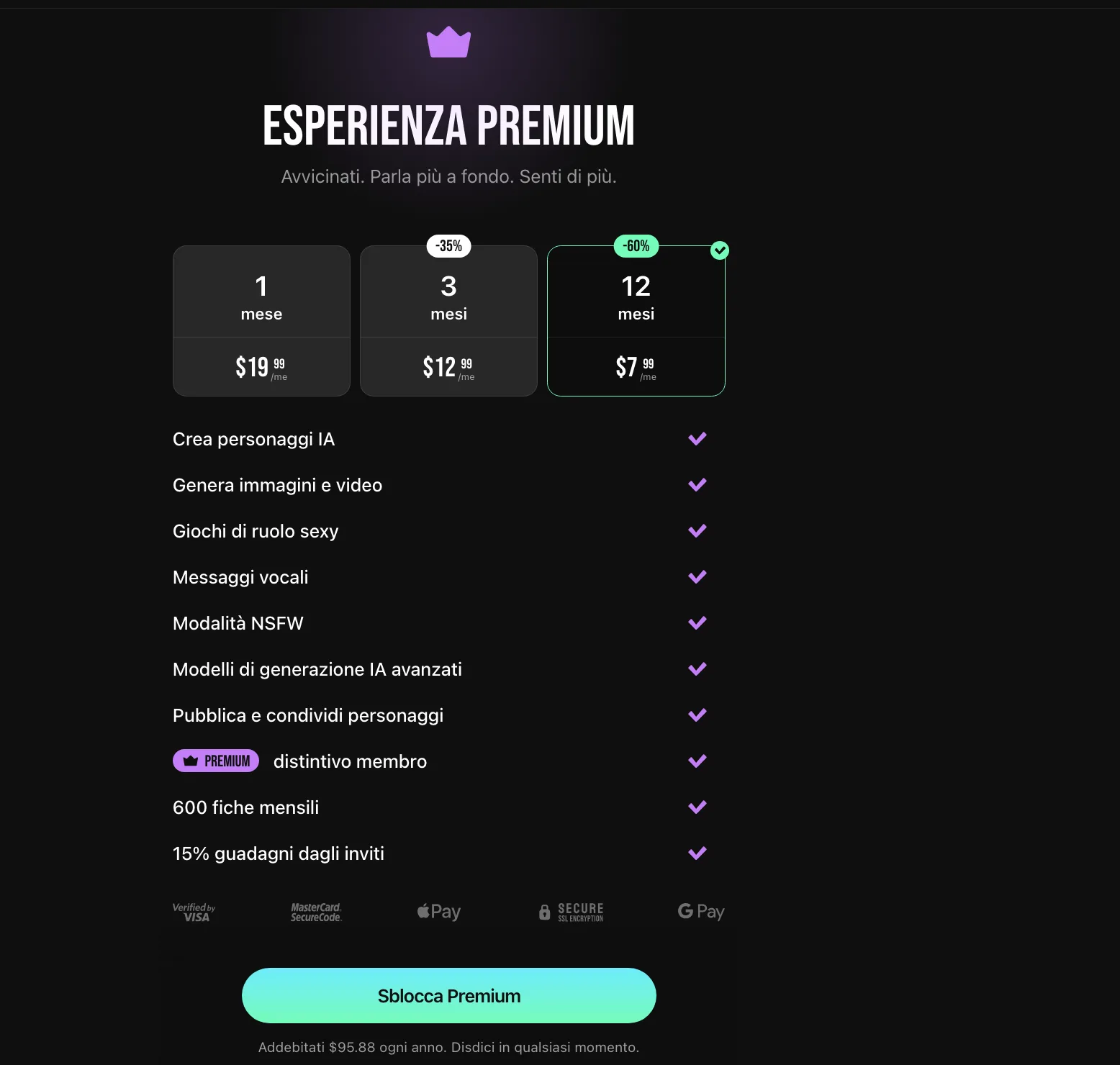 La pagina di abbonamento Premium di Lovescape in italiano, con i tre piani 1, 3 e 12 mesi